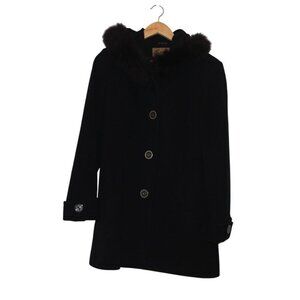 Sachi Collection Womens Wool Cashmere Coat Size Medium Fox Fur Trim Hood Old Mon